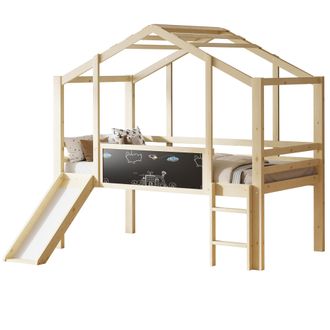 STILVORA Letto A Soppalco 90 X 200 Cm Con Scivolo, Scala, Lavagna E Sponde, Senza Materasso, In Legno Massiccio, Naturale
