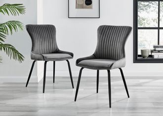 Furniturebox Set of 2 Nora Deep Padded Luxurious Dining Chairs Upholstered In Soft Velvet With Black Legs in Dark Grey