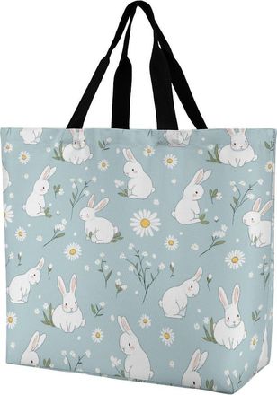 Generic Cute Rabbits Daisy Flowers Reusable Shopping Bags One Shoulder Grocery Tote Bag Waterproof Big Purse for Work Travel