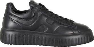 Hogan Black H Stripes Smooth Leather Rubber Sole Leather Sneakers