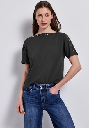 Street One T-Shirt STREET ONE, Damen, Gr. 34, grau (granite grau), Jersey, Obermaterial: 95% Viskose, 5% Elasthan, unifarben, regular fit taillenbedeckt, U-Boot-