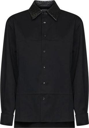 Bottega Veneta Intrecciato Leren Kraag Wolhemd - Dames - Overhemden - Zwart - XS - Wol - Overhemden