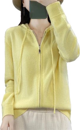 Generic Women Fashion Hoodie Zipper Cardigan Wool Sweater Long Sleeve Casual Knitted Coat Light Yellow