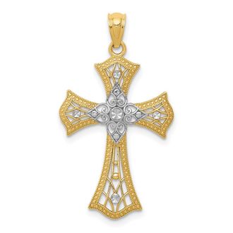 Diamond2Deal 14k Yellow Gold Rhodium Diamond-Cut Cross Pendant