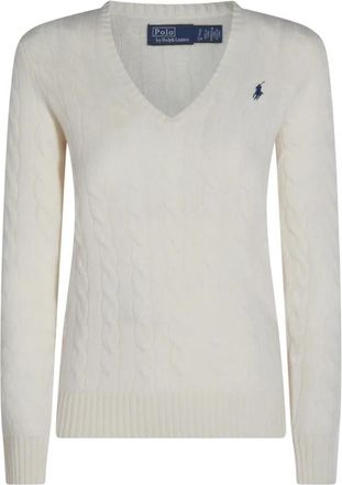 Ralph Lauren Pullover met V-hals van kabelsluiting - Dames - V-hals truien - Wit - M - Wol - Truien & Vesten
