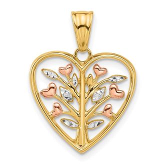 Diamond2Deal 14k Yellow Gold Rose-plated and White Rhodium Diamond-cut Tree in Heart Pendant