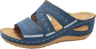 Generic Womens Embroidered Toe Post Sandals with Thick Platform Sole for Extended Sizes Comfortable Footwear (Navy, 5.5)