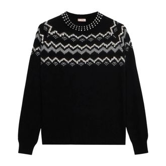 Oltre Truien & Vesten, Dames, Zwart, XL, Wol, Jacquardtrui van gemengde wol met applicaties