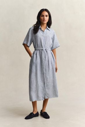 GANT Hemdblusenkleid GANT STRIPED LINEN, Damen, Gr. 36, N-Gr, evening blau, Web, Obermaterial: 100% Leinen, gestreift, regular fit wadenlang, Rundhals, ein