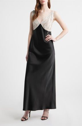Wayf Ottilie Lace Bodice Open Back Satin Gown in Black at Nordstrom, Size X-Small