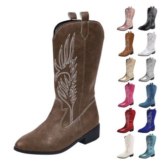 Generic Cowboy Boots, Mid Calf Cowboy Boots for Women Waterproof Embroidery Stitched Western Retro Wide Calf Cowgirl Boot Low Chunky Heel Pointed Toe Shoes