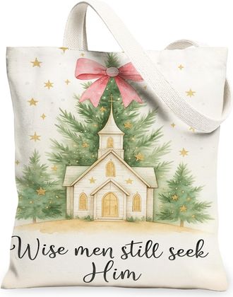 Generic Christmas Church Canvas Tote Bags, Holiday Tree Design Reusable Bags, Vintage Lightweight Washable Shoulder Strap Canvas fo, White, 13x15 Inch
