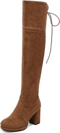 Generic Womens Round Toe Block Heels Over The Knee Boots Elastic Lace Up Wide Calf Thigh High Warm Winter Shoes with Zip (5.5,Brown)