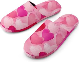 Generic Valentines Day Love Hearts Flannel Mens Slip-on Slippers Winter Warm House Shoes with Rubber Sole for Home Hotel