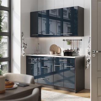 Vicco Cocina Para Solteros Fame-line, Azul Oscuro Alto Brillo/antracita, 150 Cm, Et Antracita, Vicco