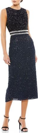 Mac Duggal Sleeveless High Neck Beaded Midi Sheath Dress in Navy at Nordstrom, Size 14