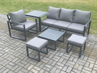 Fimous Aluminium Outdoor Garden Furniture Set Patio Lounge Sofa Chair Set with Coffee Table Side Table 2 Small Footstools Conservatory Set