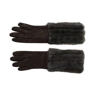 Dolce & Gabbana Gloves, female, Brown, Size: ONE SIZE Mid Arm Length Leather Fur Gloves