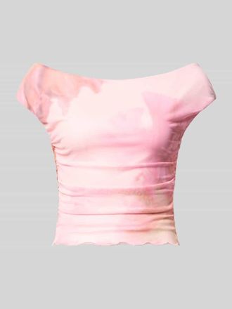 Review Mesh-Top mit gro&szlig;em Blumen-Print und Carmen-Ausschnitt in Pink, Gr&ouml;&szlig;e XL