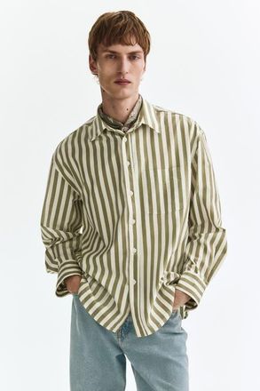 H&M Relaxed Fit Poplin Shirt in Khaki Green/striped at Nordstrom, Size Xx-Large