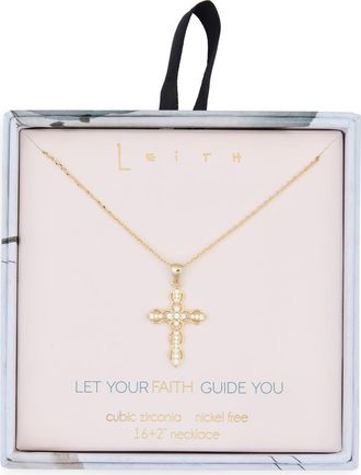Leith Pav&eacute; Crystal Cross Pendant Necklace in Clear- Gold at Nordstrom Rack