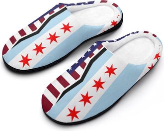 Generic US & Chicago Flag Funny Mens Cotton Slippers Soft Non-Slip Rubber Sole House Slipper Indoor Outdoor