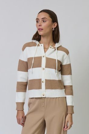 Central Park West Chloe Hooded Rugby Cardigan in Camel/ivory at Nordstrom, Size X-Small