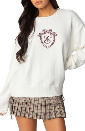 Edikted So Preppy Crewneck Sweater in White at Nordstrom, Size Medium
