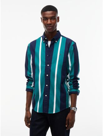 Tommy Hilfiger Mens Regular Fit Striped Oxford Shirt - Atlantis Green - XXL