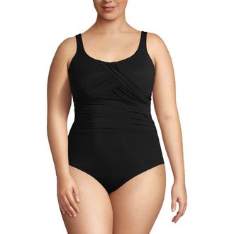 Lands End Plus Size DD-Cup Slender Grecian Tummy Control Chlorine Resistant One Piece Swimsuit in Black at Nordstrom, Size 18W