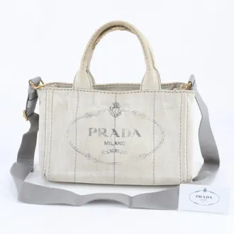 Prada Beige Brown Leather Canvas Shoulder Bag Tote Bag (Pre-Owned)