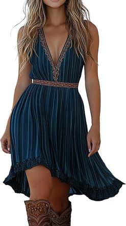 Generic Dark Blue Womens Vintage Western Cowboy Denim Dress - Floral Lace Trim Off Shoulder Flare Dress Halloween Costume 70S Inspired Prairie Outfit Country 