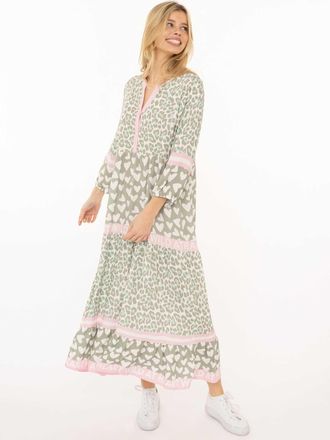 Zwillingsherz Maxikleid ZWILLINGSHERZ Leo Love, Damen, Gr. L/XL, N-Gr, gr&uuml;n, Obermaterial: 100% Viskose, Kleider Maxikleid, Mustermix: Leo und Herzen, Knopfleiste u