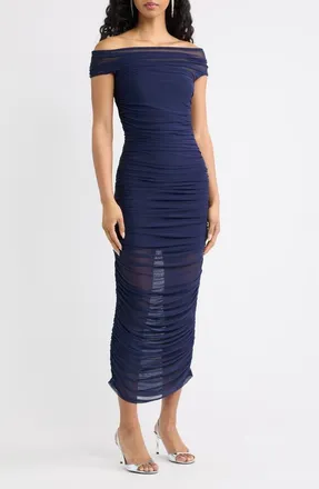Lulus Claudia Off the Shoulder Midi Dress in Navy at Nordstrom, Size X-Large