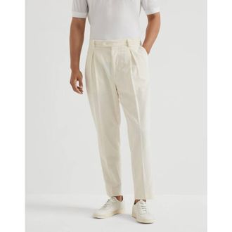 Brunello Cucinelli Mens Off White Pleated Cotton Trousers, Size 46