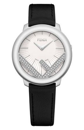 Fendi Run Away Diamond Leather Strap Watch, 36mm in Black/White/Silver at Nordstrom Rack