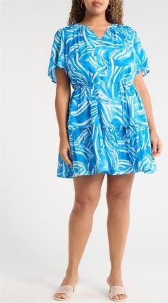 Sugarlips Canton Tropics Clarion Ruffle Cotton Minidress in White/Blue Multi at Nordstrom, Size 3 X