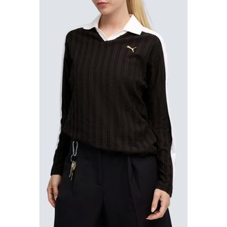 Puma T7 Relaxed Long Sleeve Polo in Puma Black at Nordstrom, Size X-Small