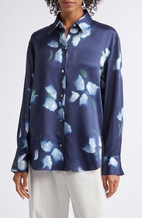 Vince Petal Blur Floral Silk Button-Up Shirt in Dark Navy at Nordstrom, Size X-Small