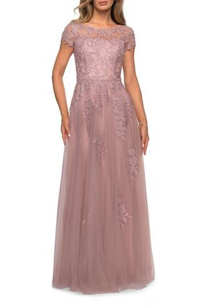 La Femme Beaded Lace Rhinestone A-line Evening Gown in Mauve at Nordstrom, Size 18
