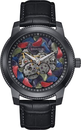 Heritor Emmanuel Semi-Skeleton Leather-Band Watch
