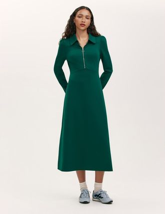 Finery Elvira Ponte Jersey Zip Front Midi Dress in Bottle Green at Nordstrom, Size 16P