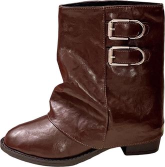 Generic Wide Calf Boots for Women Faux Leather Stylish Mid Calf Boot Solid Color Buckle Chunky Heel Casual Slip On Fold Over Boots Outdoor Winter