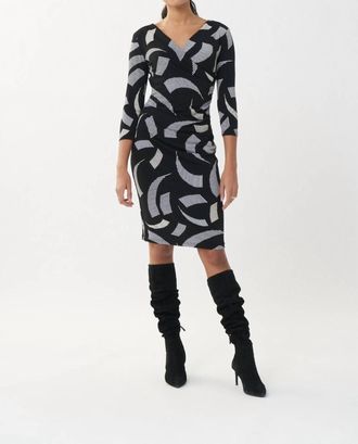 Joseph Ribkoff Abstract V-Neckline Dress In Black/vanilla
