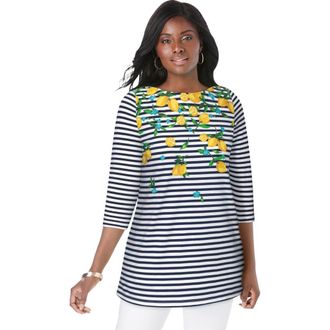 Jessica London Stretch Cotton Boatneck Tunic in Navy Lemon Stripe at Nordstrom, Size 12