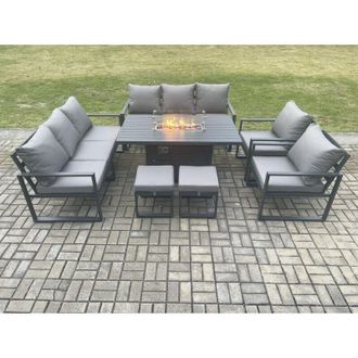 Fimous Fimous Aluminium Outdoor Garden Furniture Set Patio Lounge Sofa Gas Fire Pit Dining Table Set with 2 Small Footstools Dark Grey