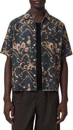 AllSaints Fortune Linen & Cotton Short Sleeve Button-Up Shirt in Bank Brown at Nordstrom, Size Xx-Large