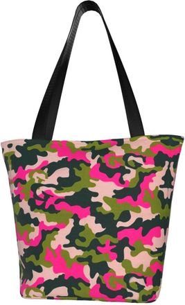 AOOEDM Pink Green Camo Reusable Tote Bag Women Casual Handbag Shoulder Bags for Shopping Groceries Travel Outdoors