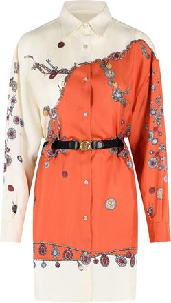 Versace Silk Mini Dress With Pointed Collar And Abstract Pattern