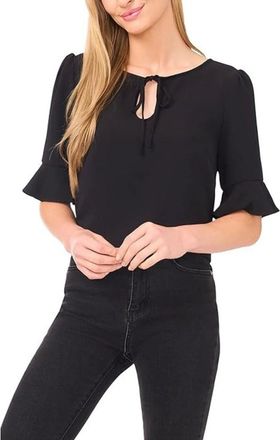 CeCe by Cynthia Steffe Blouse Top Womens Rich Black Stretch Split Tie Neck Ruffle Cuff GBO3847